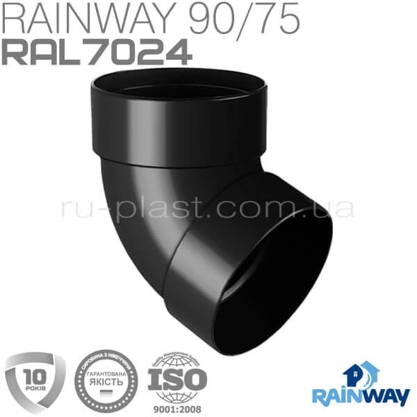 Отвод трубы двухмуфтовый 67° графитовый RAINWAY 75мм