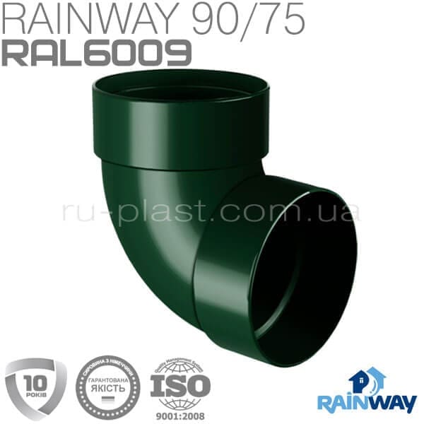 Отвод трубы двухмуфтовый 87° зелёный RAINWAY 75мм